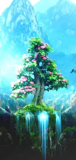 Enchanted tree on mountain landscape with waterfalls and vibrant flowers.