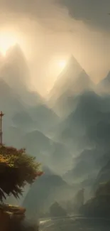 A mystical mountain landscape with a serene figure overlooking misty peaks.