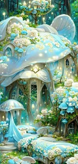 Enchanted mushroom cottage with glowing lights in a serene forest setting.