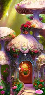 Whimsical mushroom cottage in a vibrant fantasy forest setting.