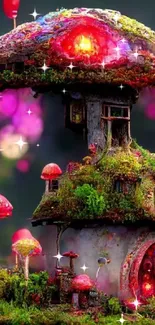 Whimsical mushroom cottage with glowing accents in a fantasy landscape.