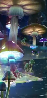 Enchanted glowing mushrooms in a fantasy forest wallpaper.