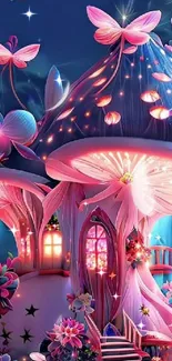 Whimsical fantasy art with pink mushrooms and butterflies.