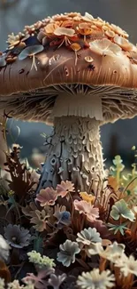 Fantasy art of an enchanting mushroom with flowers.