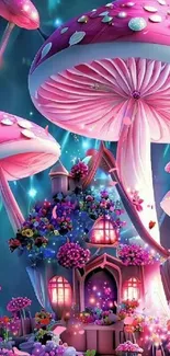 Enchanted mushroom fantasy wallpaper with vibrant colors and a magical cottage.