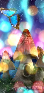 Enchanted fantasy wallpaper with mushrooms and butterfly.