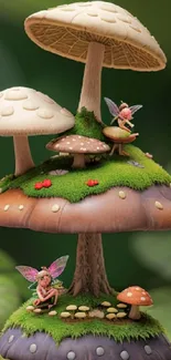 Enchanted mushroom scene with fairies and lush greenery.