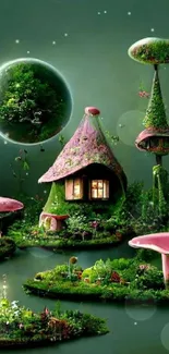 Fantasy wallpaper with magical mushroom house on lush green islands.