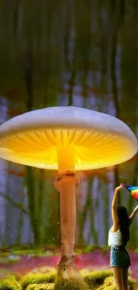 Girl with colorful scarf under giant glowing mushroom in forest.