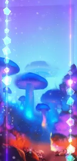 Enchanting forest with glowing mushrooms and crystals.