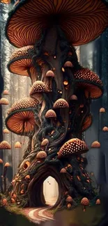 Enchanted forest with vibrant mushrooms and lush trees.