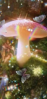 Magical glowing mushroom with butterflies and stardust in a mystical forest.