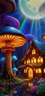 Magical forest wallpaper with glowing mushrooms and a moonlit cottage.