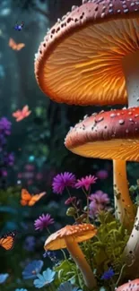 Enchanted forest wallpaper with mushrooms and butterflies.