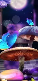 Enchanted mushroom forest with butterflies at night.