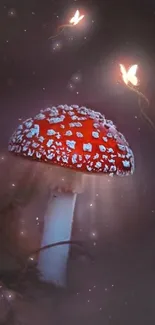 Fantasy wallpaper with a glowing red mushroom and flying fairies.