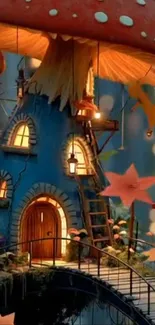 Whimsical mushroom house under a starry sky with autumn leaves.