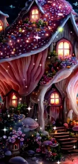 Enchanting mushroom house at night with magical lights and flowers.