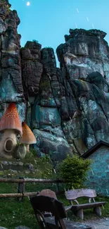 Surreal landscape with rock formations and mushroom houses.