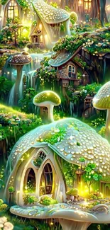 Whimsical art of glowing mushroom houses in a fantasy village setting.