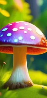 Vibrant, whimsical mushroom scene in a lush green forest.