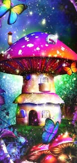 Fantasy mushroom house with butterflies in vibrant colors on mobile wallpaper.