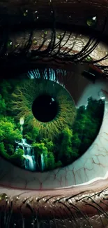 Close-up of an eye featuring a vibrant green landscape and nature scene.