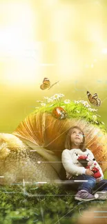 Whimsical child with giant snail and butterflies in a sunny, magical nature scene.