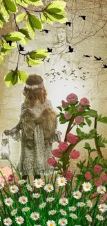 Enchanted nature scene with flowers and a mystical figure.