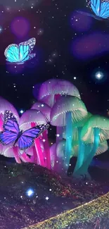 Colorful neon butterflies flutter among glowing mushrooms under a starry sky.