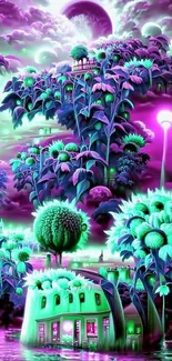 Neon fantasy landscape with mystical plants.