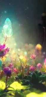 Neon flowers glow in an enchanted fantasy landscape mobile wallpaper.