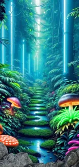 Magical neon forest path with vibrant glowing mushrooms.