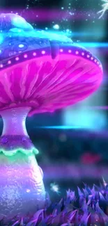 Psychedelic neon mushroom in a magical forest scenery.