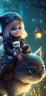 Fantasy scene of girl and cat on a mystical night ride.