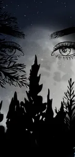 Silhouette of trees with mystical eyes and a full moon in the night sky wallpaper.