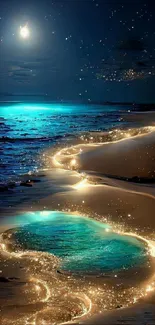 Moonlit beach with glowing turquoise waters and sparkling sand under starry sky.