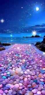 Moonlit beach with colorful stones under the vibrant night sky.