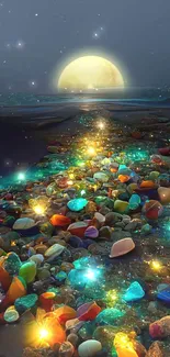 A mystical moonlit beach with colorful glowing stones.