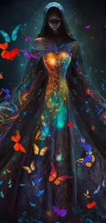 Mystical woman with glowing butterflies in a dark, enchanted scene.