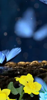 Magical blue butterflies and yellow flowers on a dark night background.