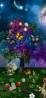 Fantasy wallpaper with a magical tree, butterflies, and fairies under a starry sky.