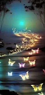 Glowing butterflies dance above a mystical night stream.