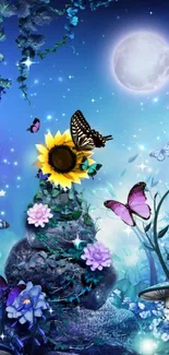 Magical night scene with butterflies, flowers, and a glowing moon in blue hues.