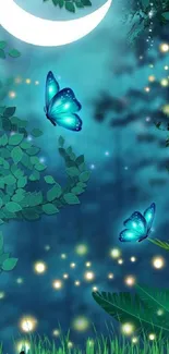 Ethereal wallpaper with butterflies under moonlight in a magical night forest scene.