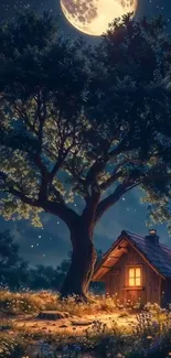 Cabin under moonlit night sky with large tree.