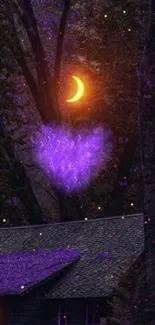 Cozy cabin with purple heart and crescent moon.