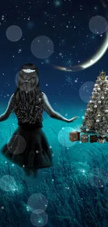 Girl in black dress with crescent moon and Christmas tree in a starry teal night.