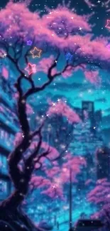 Enchanted night cityscape with cherry blossoms and stars.