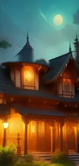 Enchanted cottage under the moonlight with glowing lamps.